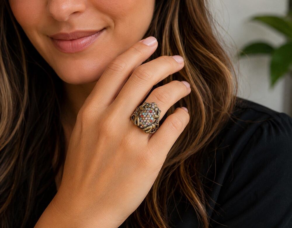 Fossil Frog Ring Multicolor Rhinestone Antiqued Bronze Tone Statement Size 7.5